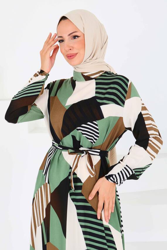 Desenli Kuşaklı Elbise Haki - 27517 - 3
