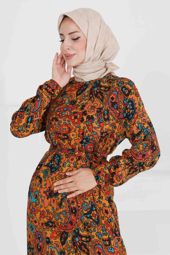 Desenli Kuşaklı Elbise Hardal - 27472 - 2