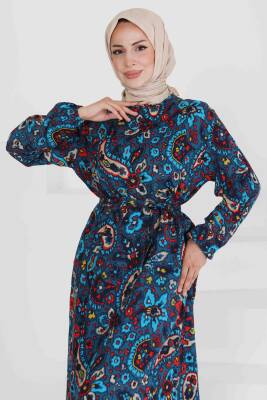 Desenli Kuşaklı Elbise Lacivert - 27472 - 2