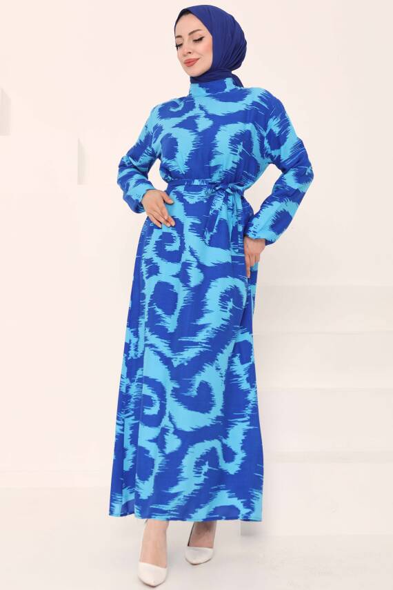 Desenli Kuşaklı Elbise Mavi - 27039 - 1