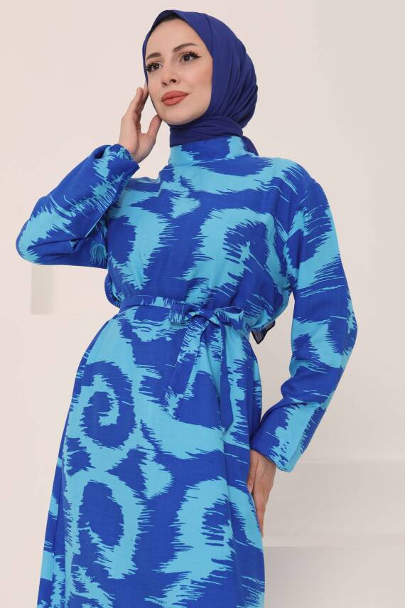 Desenli Kuşaklı Elbise Mavi - 27039 - 2