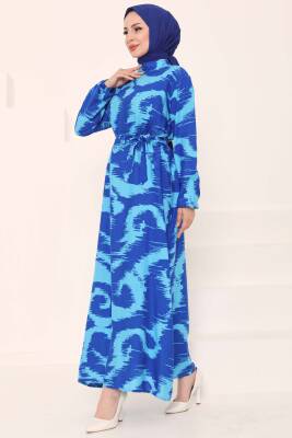 Desenli Kuşaklı Elbise Mavi - 27039 - 4