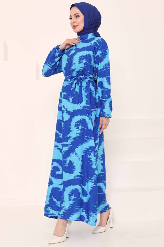 Desenli Kuşaklı Elbise Mavi - 27039 - 4