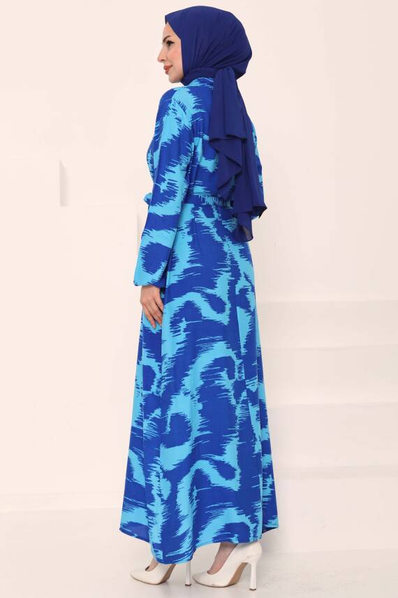 Desenli Kuşaklı Elbise Mavi - 27039 - 6