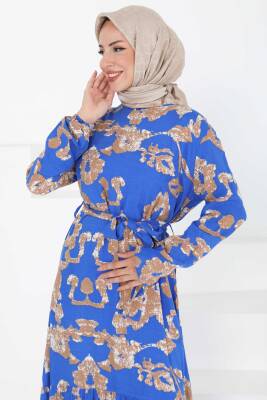Desenli Kuşaklı Elbise Saks - 27429 