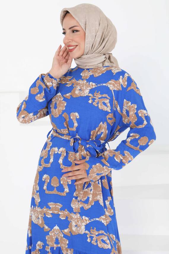 Desenli Kuşaklı Elbise Saks - 27429 - 1