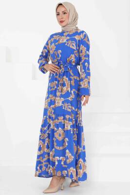 Desenli Kuşaklı Elbise Saks - 27429 - 2