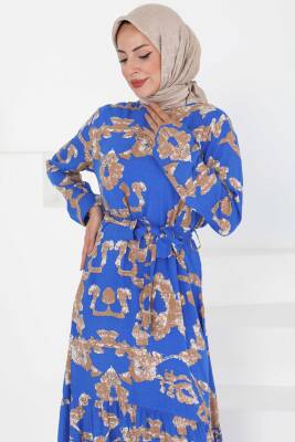 Desenli Kuşaklı Elbise Saks - 27429 - 3