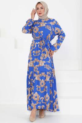 Desenli Kuşaklı Elbise Saks - 27429 - 4