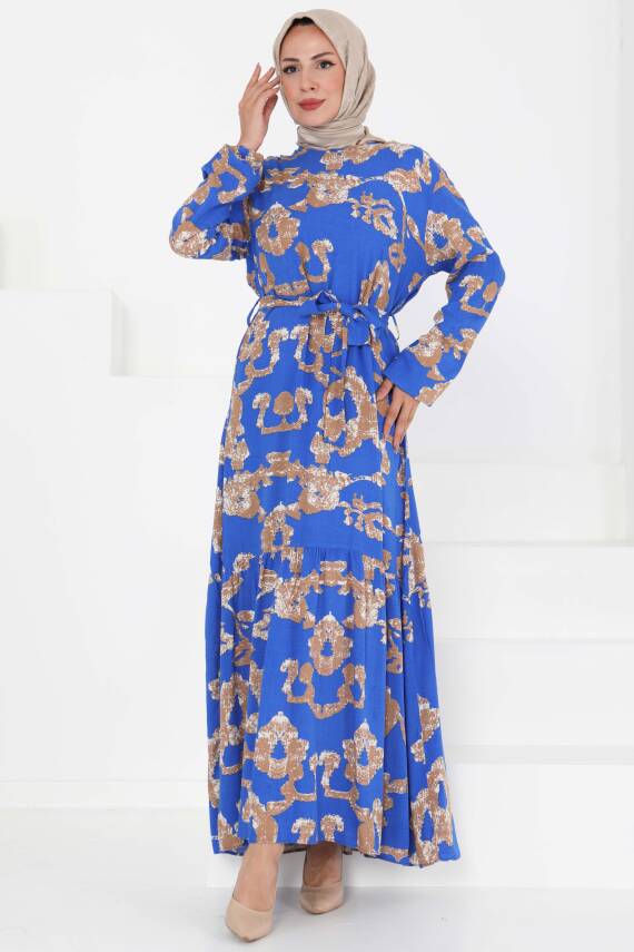 Desenli Kuşaklı Elbise Saks - 27429 - 4