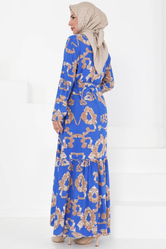 Desenli Kuşaklı Elbise Saks - 27429 - 5