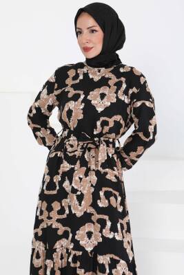 Desenli Kuşaklı Elbise Siyah - 27429 - 3