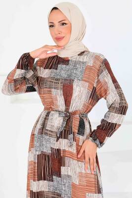 Desenli Kuşaklı Elbise Taba - 27518 - 2