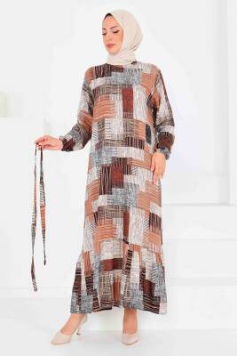 Desenli Kuşaklı Elbise Taba - 27518 - 6
