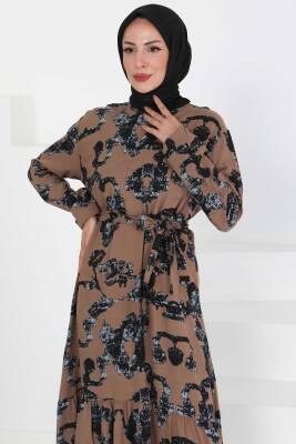 Desenli Kuşaklı Elbise Vizon - 27429 - 2