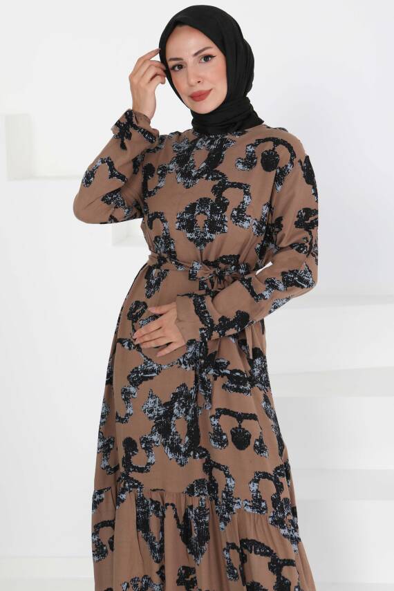 Desenli Kuşaklı Elbise Vizon - 27429 - 4