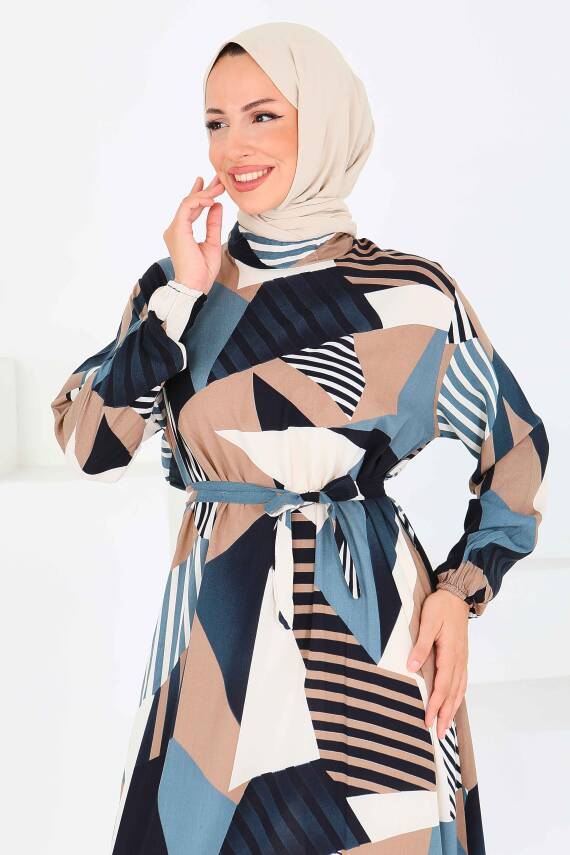 Desenli Kuşaklı Elbise Vizon - 27517 - 1