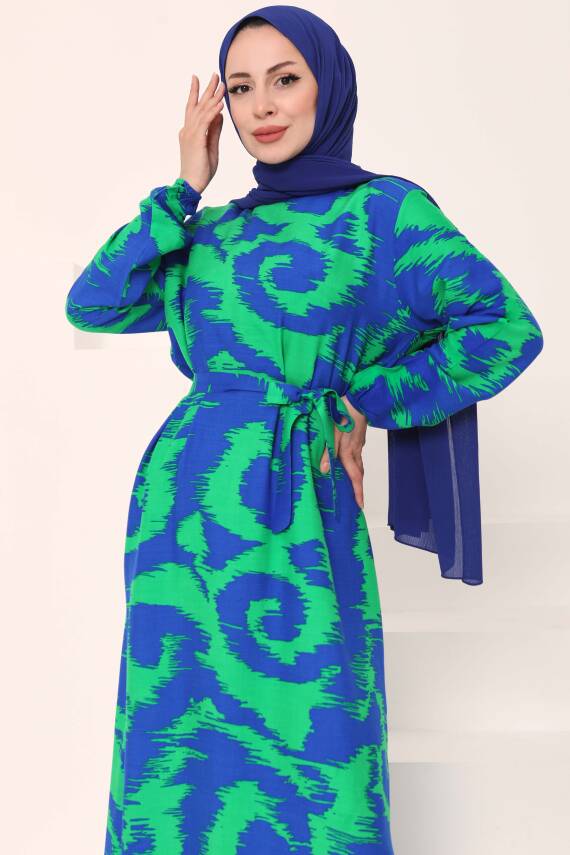 Desenli Kuşaklı Elbise Yesil - 27039 - 2