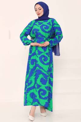 Desenli Kuşaklı Elbise Yesil - 27039 - 3