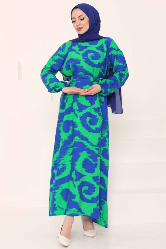 Desenli Kuşaklı Elbise Yesil - 27039 - 3