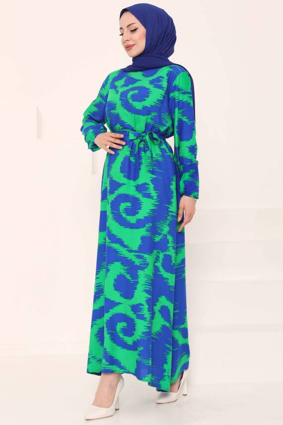 Desenli Kuşaklı Elbise Yesil - 27039 - 4
