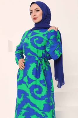 Desenli Kuşaklı Elbise Yesil - 27039 - 5