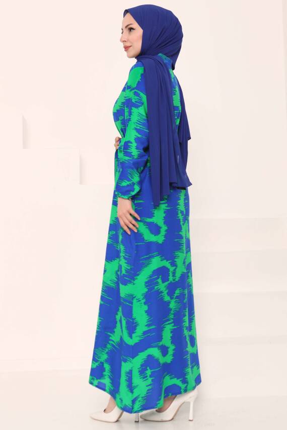 Desenli Kuşaklı Elbise Yesil - 27039 - 6