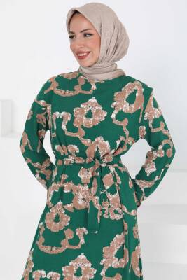 Desenli Kuşaklı Elbise Zümrüt - 27429 - 2