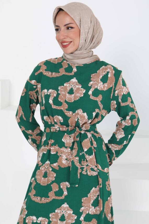 Desenli Kuşaklı Elbise Zümrüt - 27429 - 2