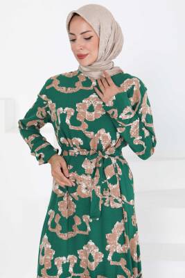 Desenli Kuşaklı Elbise Zümrüt - 27429 - 4