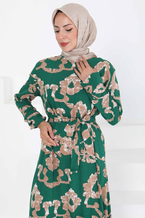Desenli Kuşaklı Elbise Zümrüt - 27429 - 4