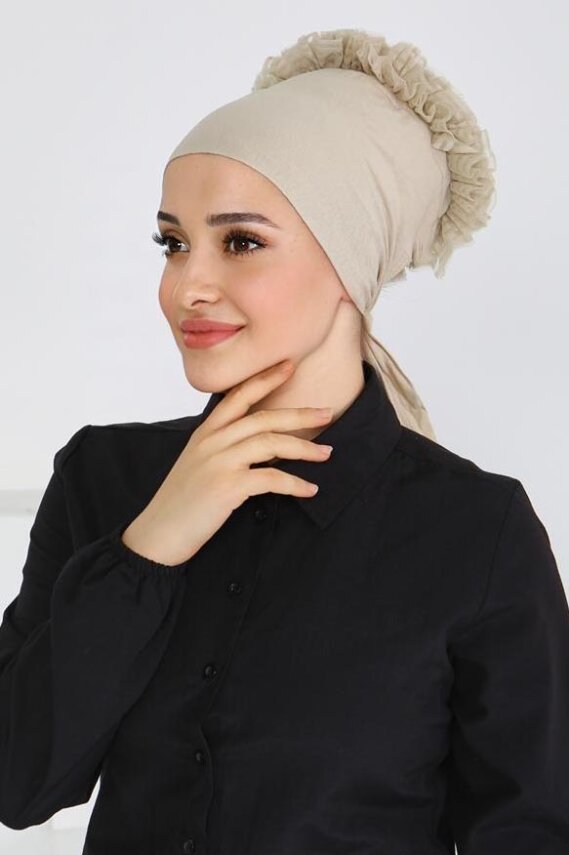 Dikişsiz Fırfırlı Bone Bej - 27618 - 1