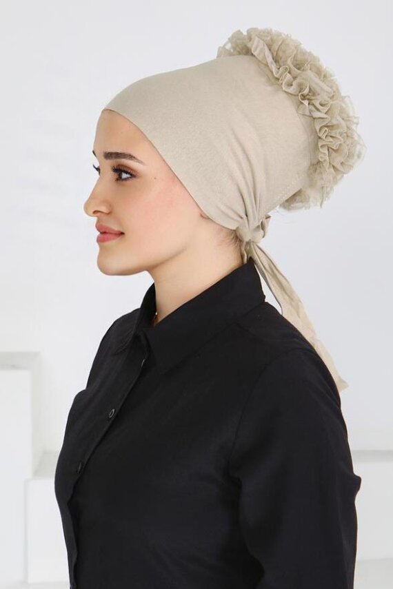 Dikişsiz Fırfırlı Bone Bej - 27618 - 2