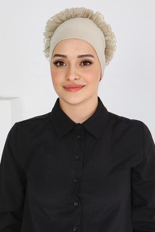 Dikişsiz Fırfırlı Bone Bej - 27618 - 3