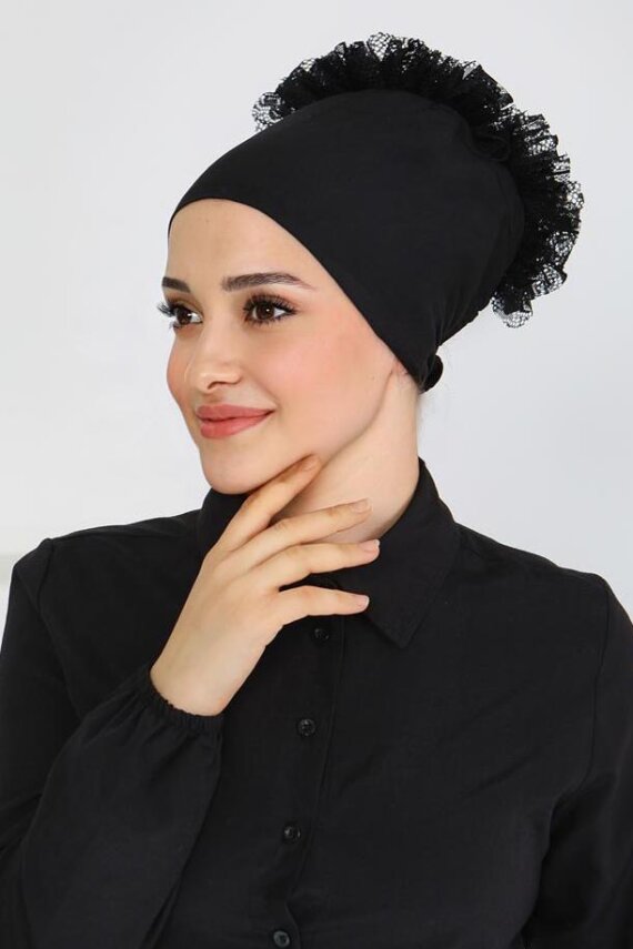 Dikişsiz Fırfırlı Bone Siyah - 27618 - 1