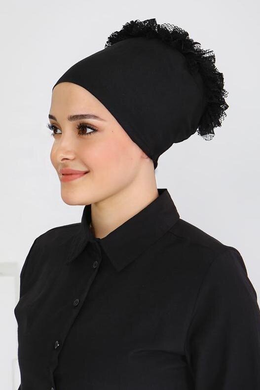 Dikişsiz Fırfırlı Bone Siyah - 27618 - 3