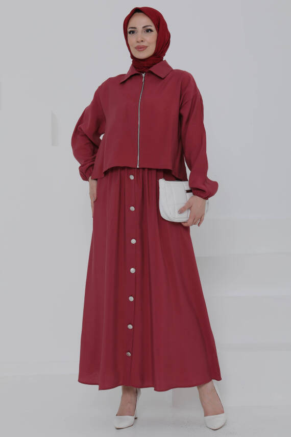 Düğme Detaylı Takım Bordo - 27010 - 5
