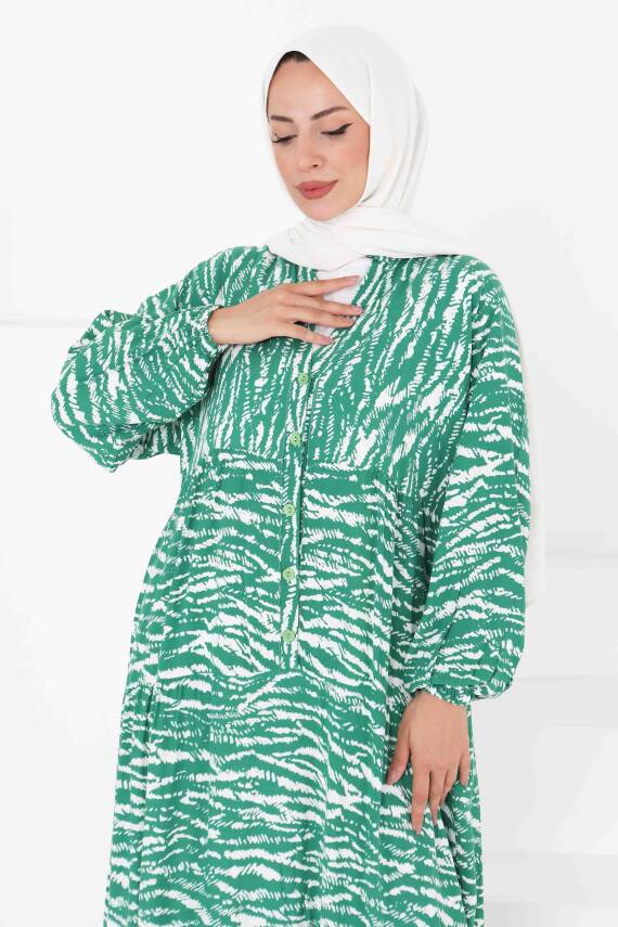 Düğmeli Desenli Elbise Beyaz - 27424 - 2