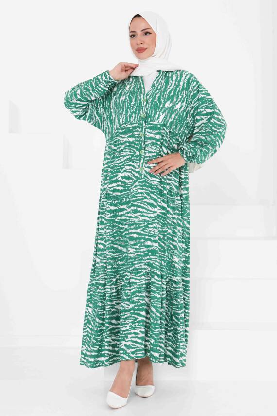 Düğmeli Desenli Elbise Beyaz - 27424 - 3