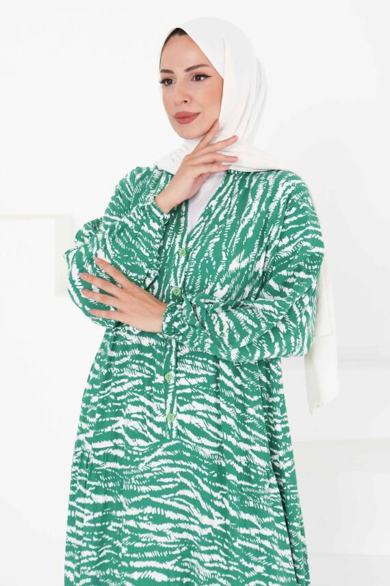 Düğmeli Desenli Elbise Beyaz - 27424 - 4