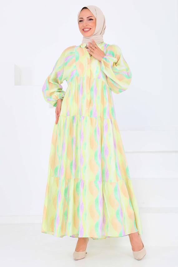 Düğmeli Desenli Elbise Lila - 27515 - 3