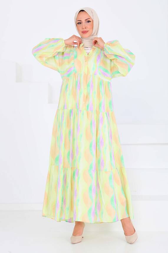 Düğmeli Desenli Elbise Lila - 27515 - 4