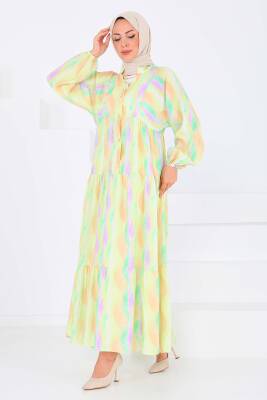 Düğmeli Desenli Elbise Lila - 27515 - 5