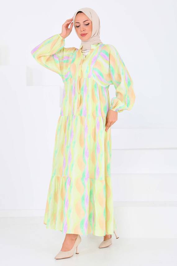 Düğmeli Desenli Elbise Lila - 27515 - 5