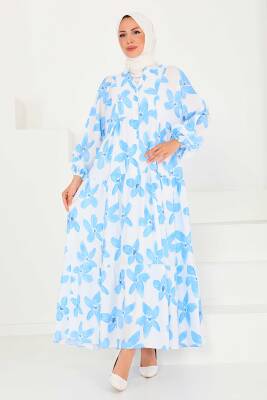 Düğmeli Desenli Elbise Mavi - 27514 - 5