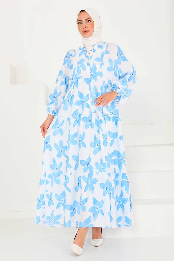Düğmeli Desenli Elbise Mavi - 27514 - 5