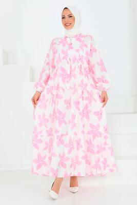 Düğmeli Desenli Elbise Pembe - 27514 