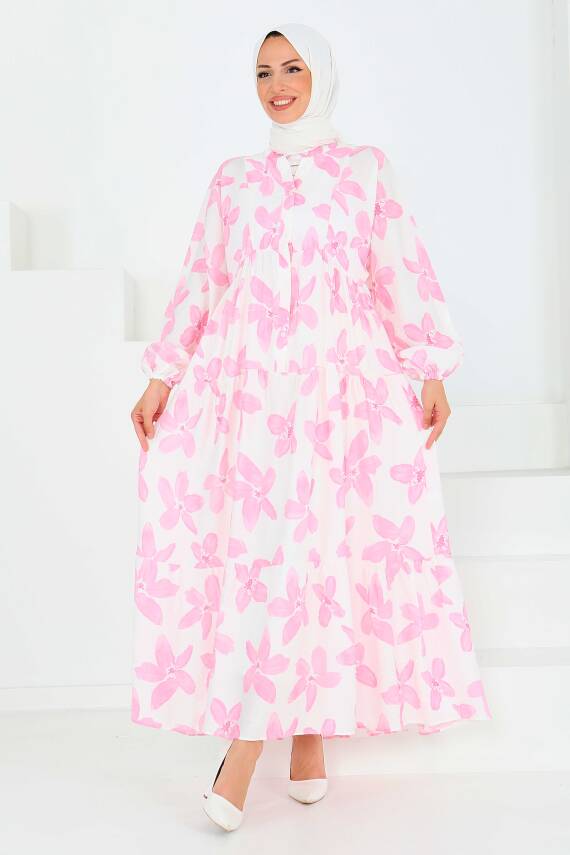 Düğmeli Desenli Elbise Pembe - 27514 - 1