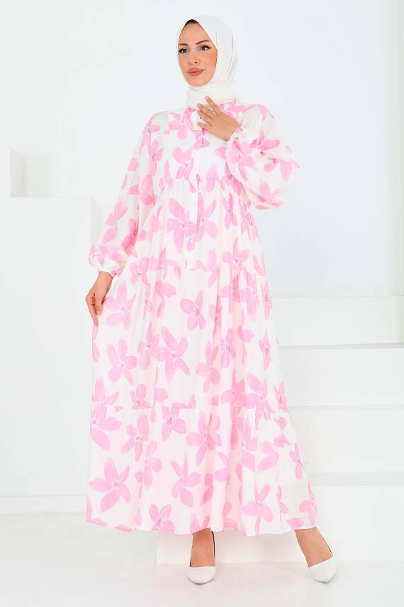 Düğmeli Desenli Elbise Pembe - 27514 - 2