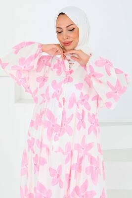 Düğmeli Desenli Elbise Pembe - 27514 - 3